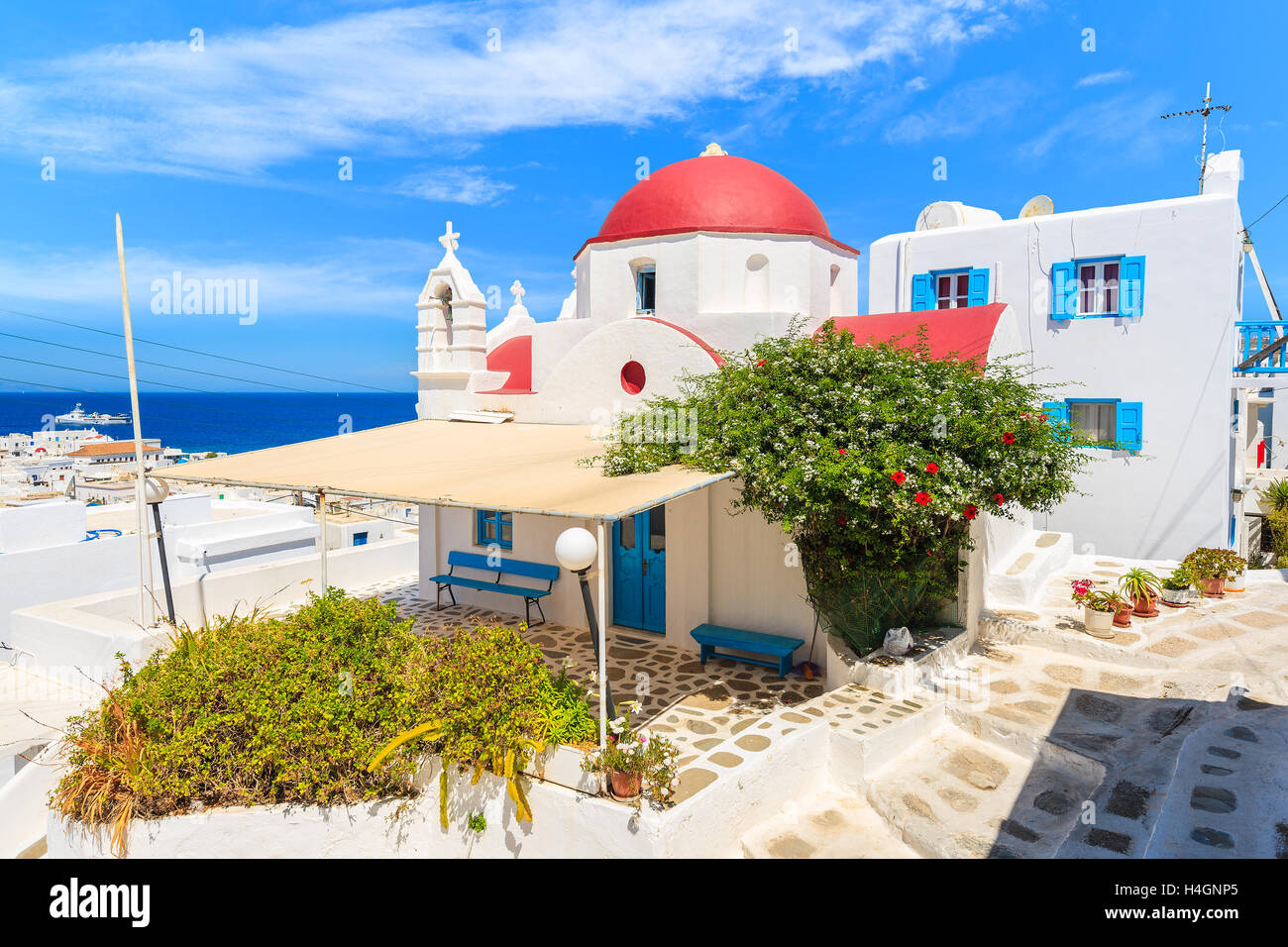 Einen Überblick über typische griechische Kirche in Mykonos-Stadt, Kykladen, Griechenland Stockfoto