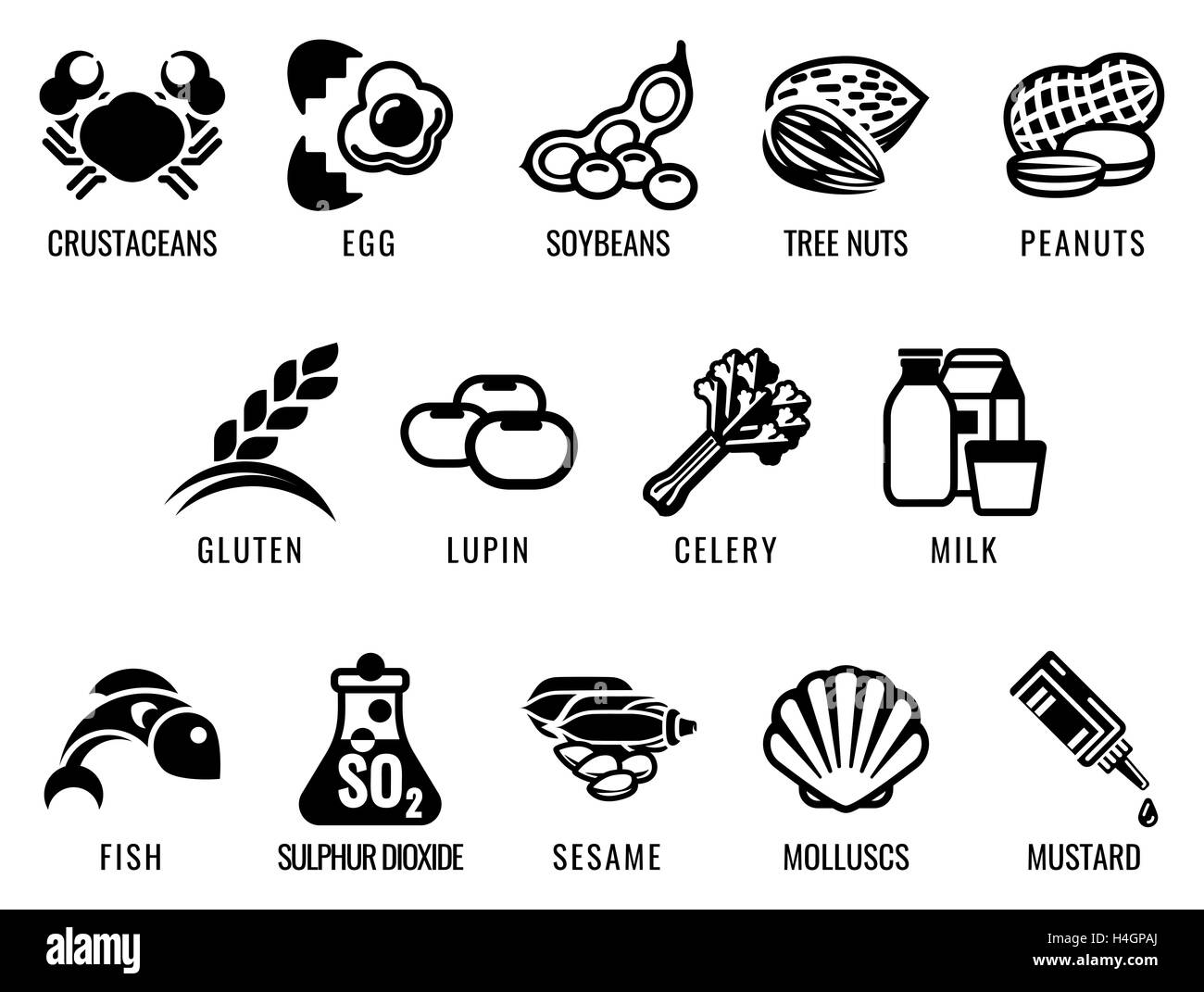 Lebensmittel-Allergie Symbole einschließlich der 14 Nahrungsmittel-Allergien durch die EU-Lebensmittel-Informationen für Verbraucher Verordnung EFSA Europäische Fo skizziert Stockfoto