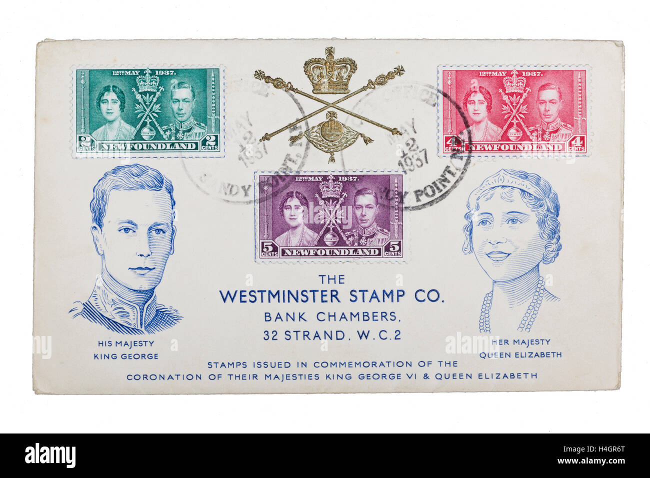 Briefumschlag und Marken von Neufundland anläßlich der Krönung von König George VI am 12. Mai 1937 Stockfoto