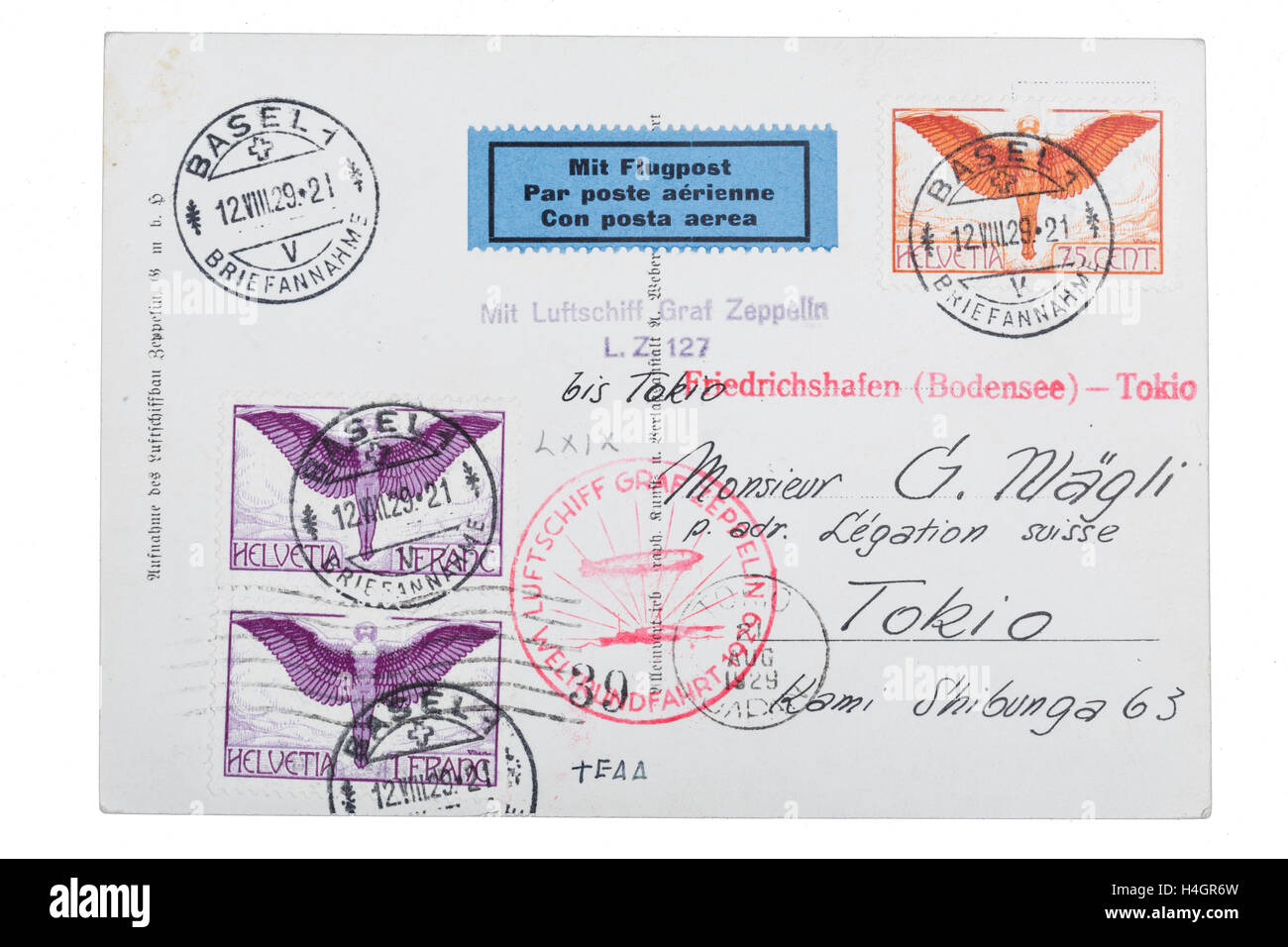 Zeppelin Post Postkarte, 1929 rund um die Welt, Basel, Tokio, auf der "Graf Zeppelin", 12.8.1929 Stockfoto