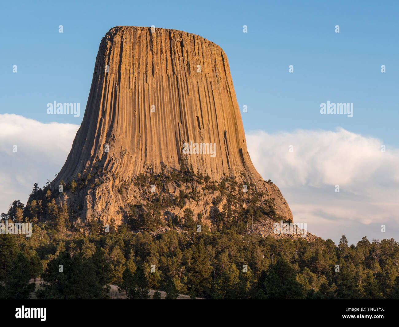 Des Teufels Turm aus den Höhenweg Joyner, Teufels Tower National Monument, Wyoming. Stockfoto