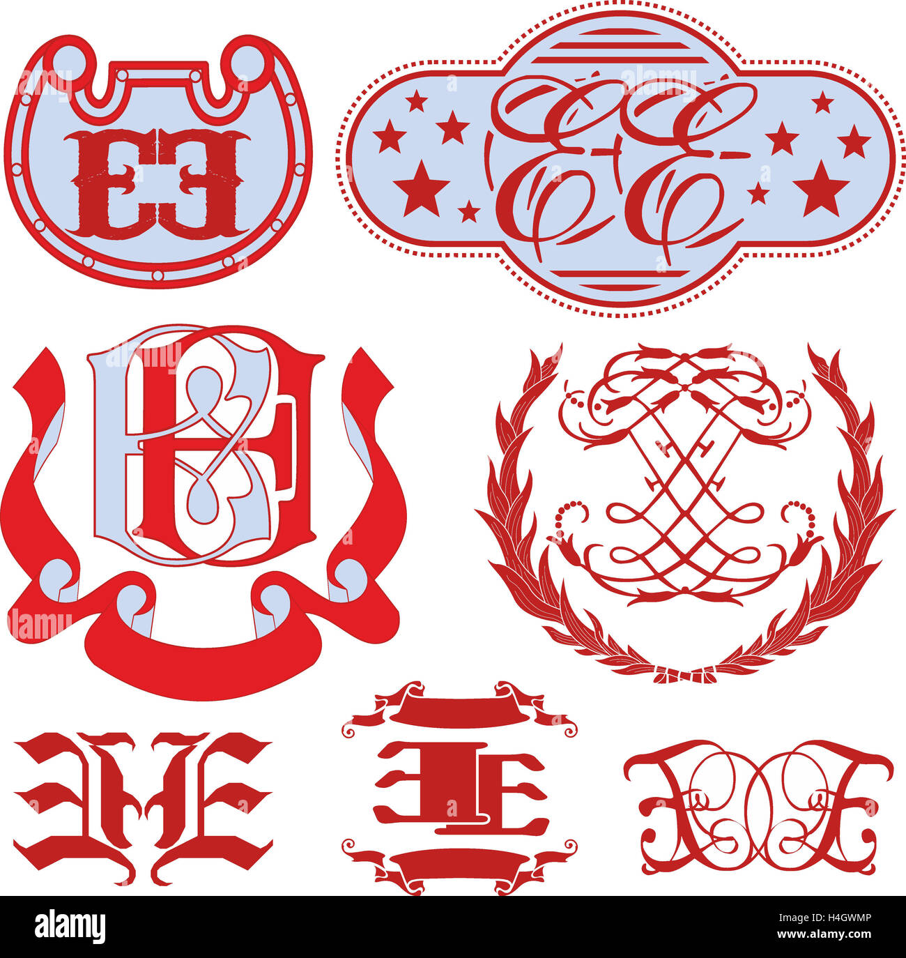 Reihe von EE Monogramme und dekorative Emblem Vorlagen mit zwei Buchstaben EE. Vektor-Sammlung. Stockfoto