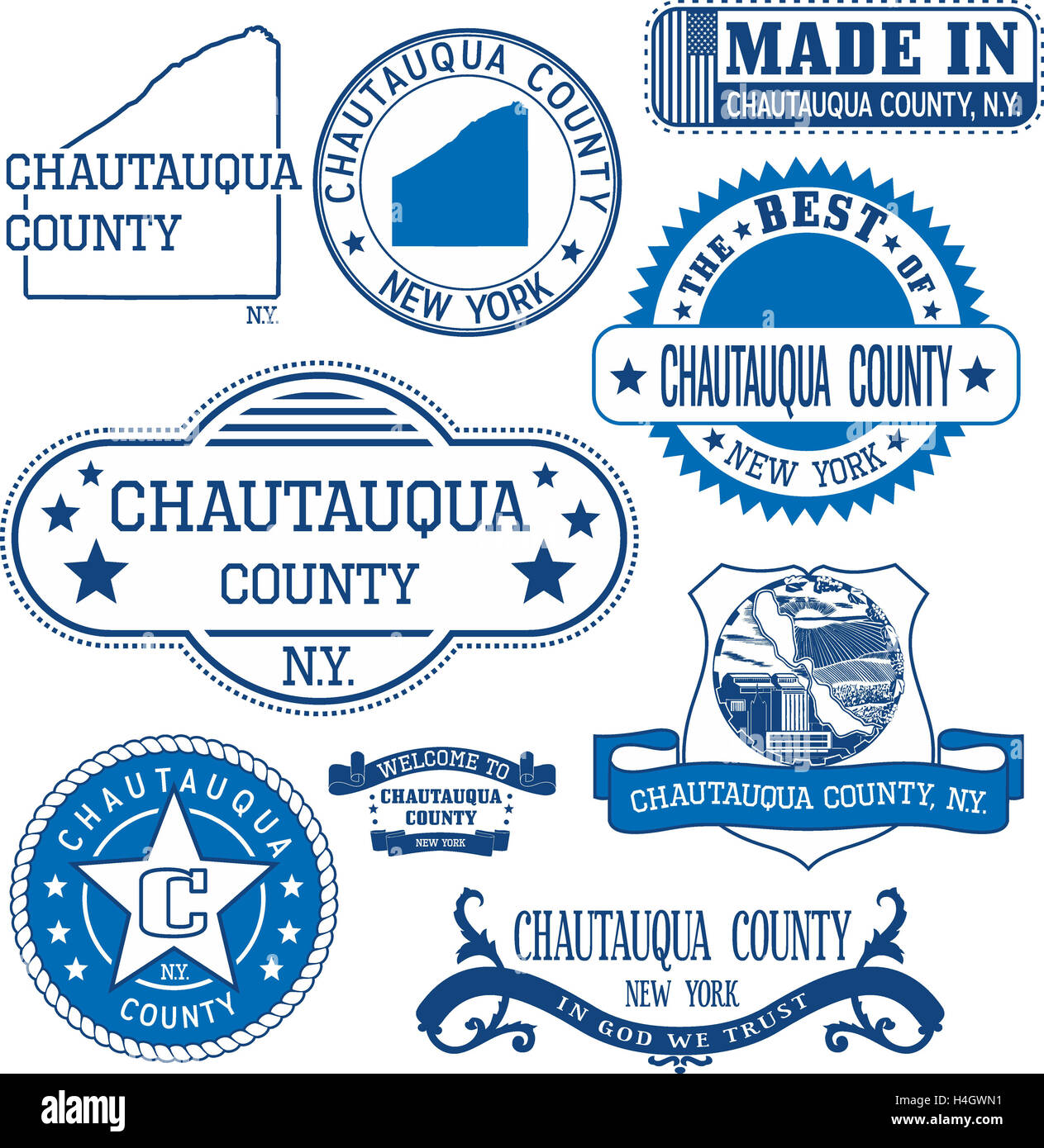 Chautauqua County, New York. Generische Marken und Zeichen einschließlich Chautauqua County Karte und Elemente zu versiegeln. Stockfoto