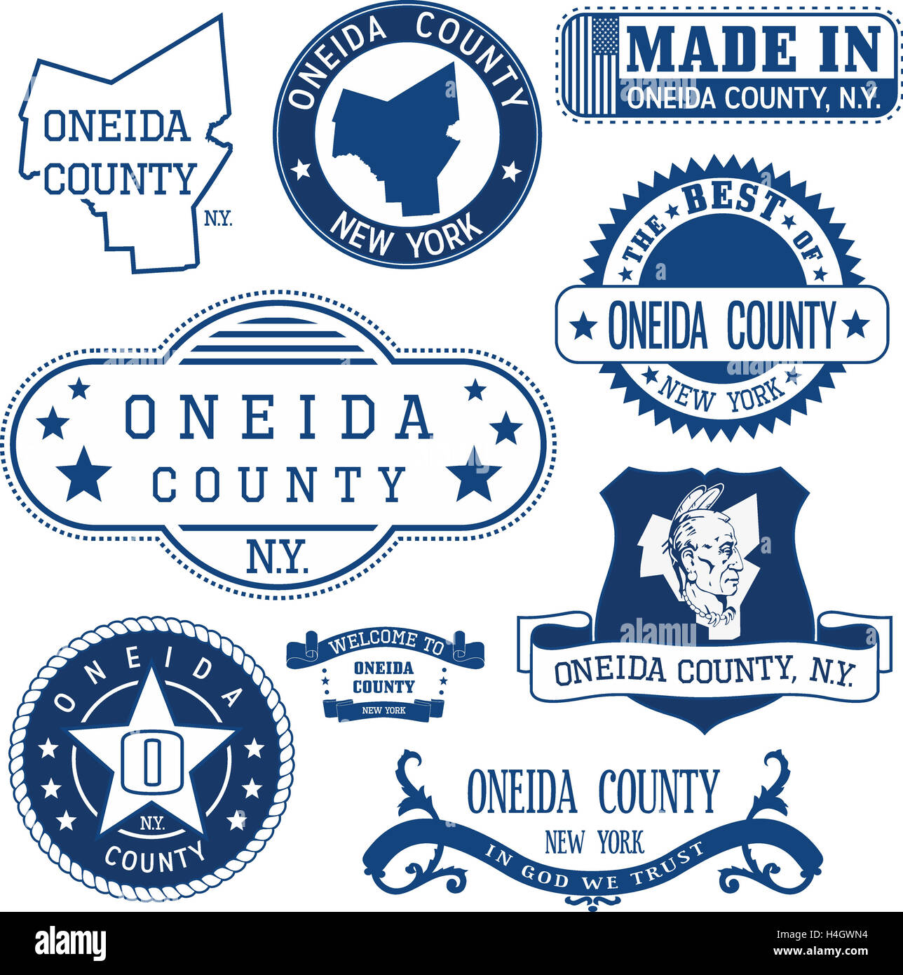 Oneida County, New York. Generische Marken und Zeichen einschließlich der Oneida County Karte und Elemente zu versiegeln. Stockfoto