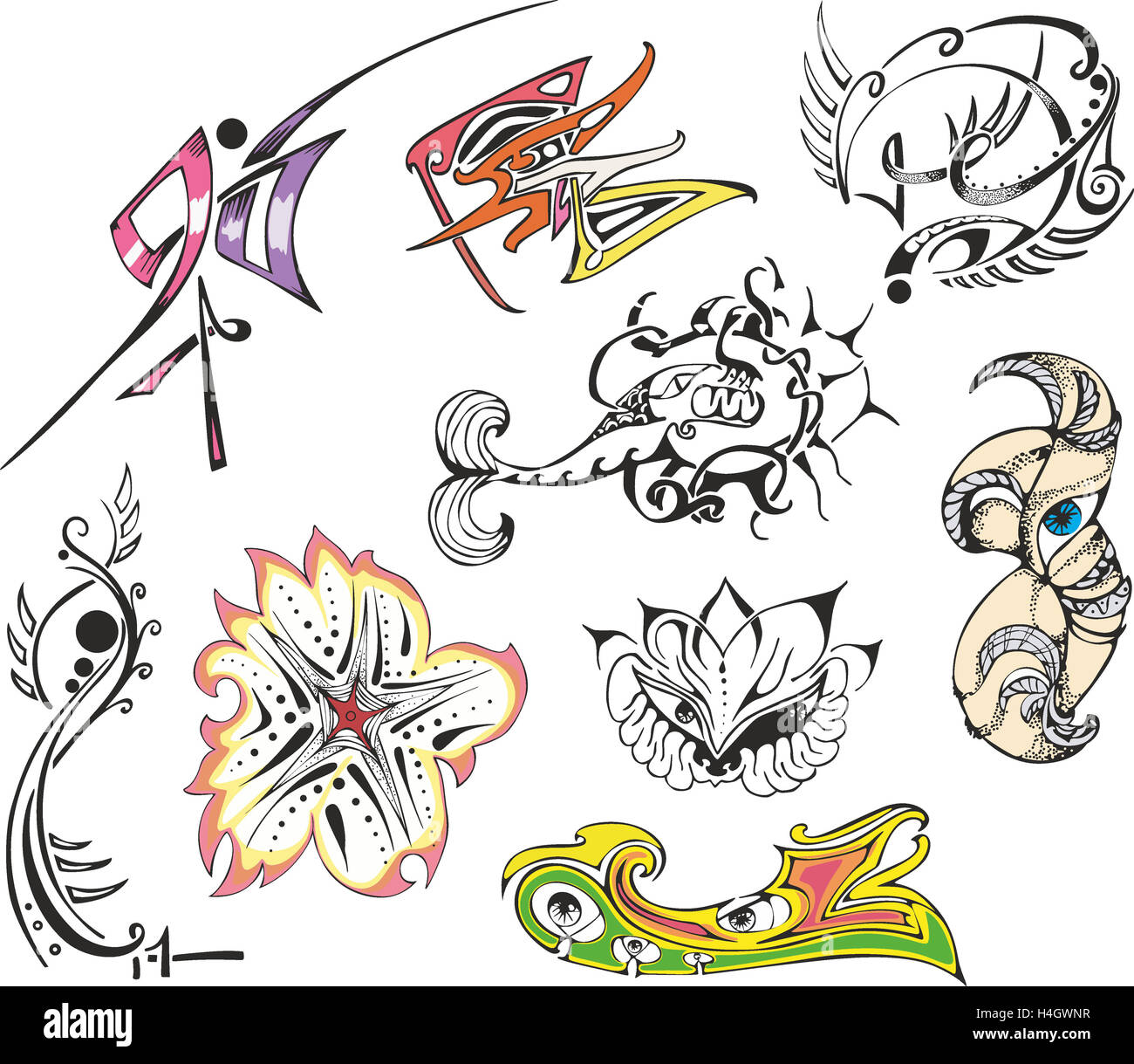 Sammlung von verschiedenen Fantasy Tattoo Skizzen einschließlich abstrakten Designs, Tiere, Blumen, Nadelstreifen und Vignetten Stockfoto