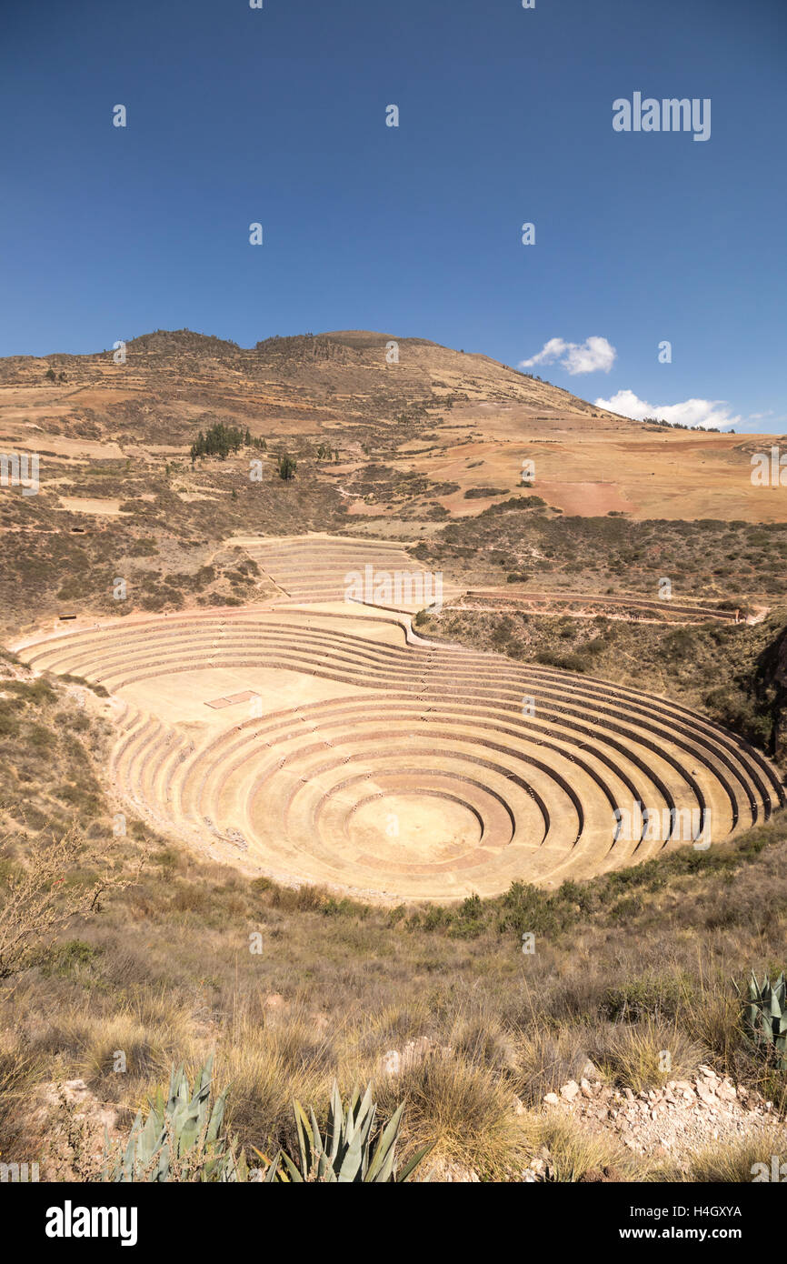 Blick auf die größten konzentrischen Stein Landwirtschaft Terrasse Bildung und Spitzenzeiten über Moray archäologische Sehenswürdigkeit in der Nähe von Cusco, Peru Stockfoto