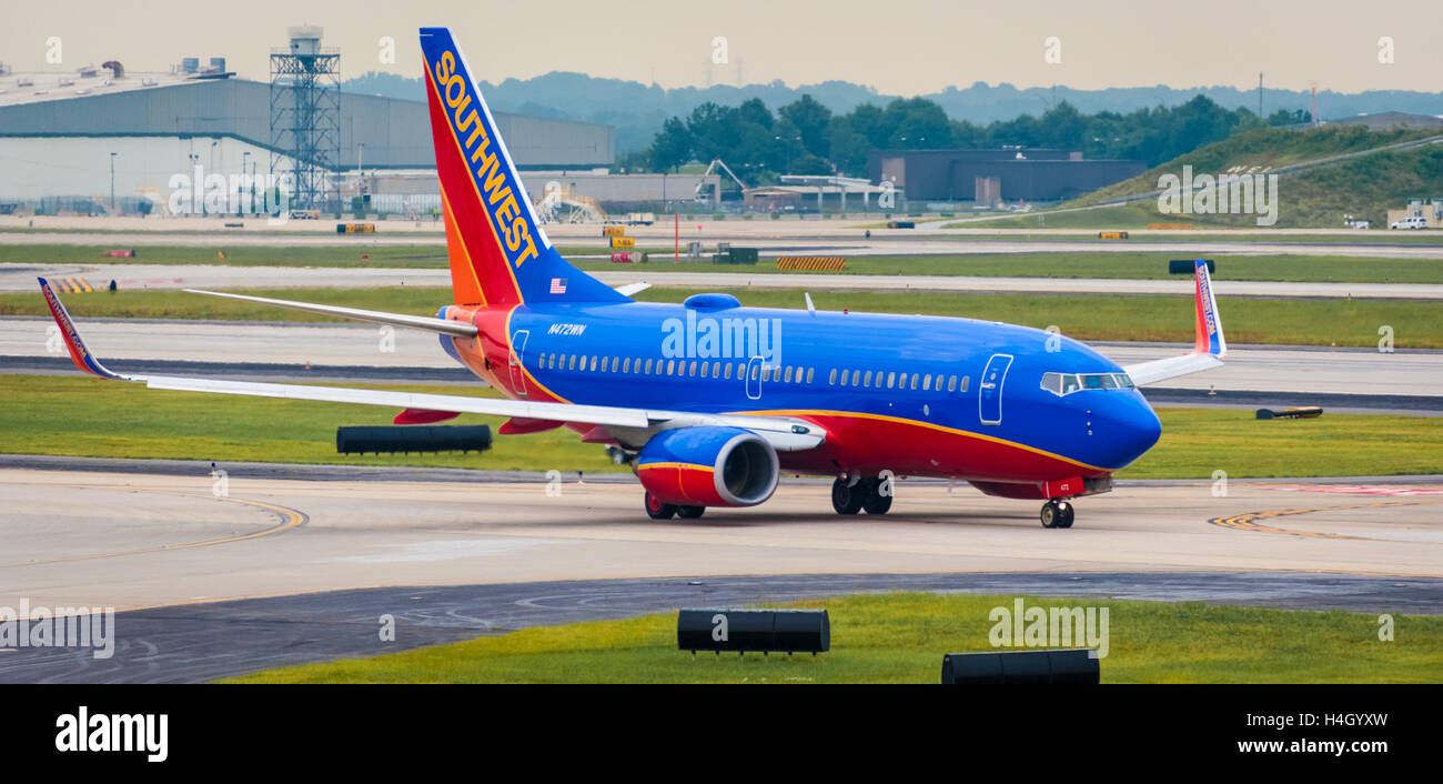 Southwest Airlines Passagierjet in Atlanta International Airport in Atlanta, Georgia, USA. Stockfoto