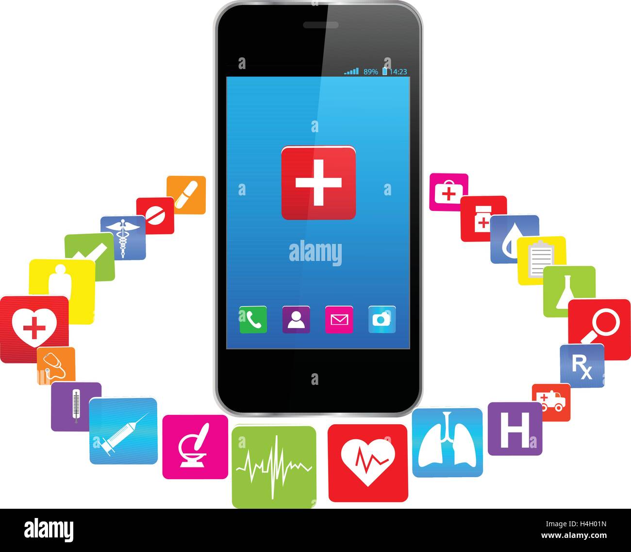 BlueTouchscreen Smartphones mit bunten medizinische Anwendungs-Symbole Stock Vektor