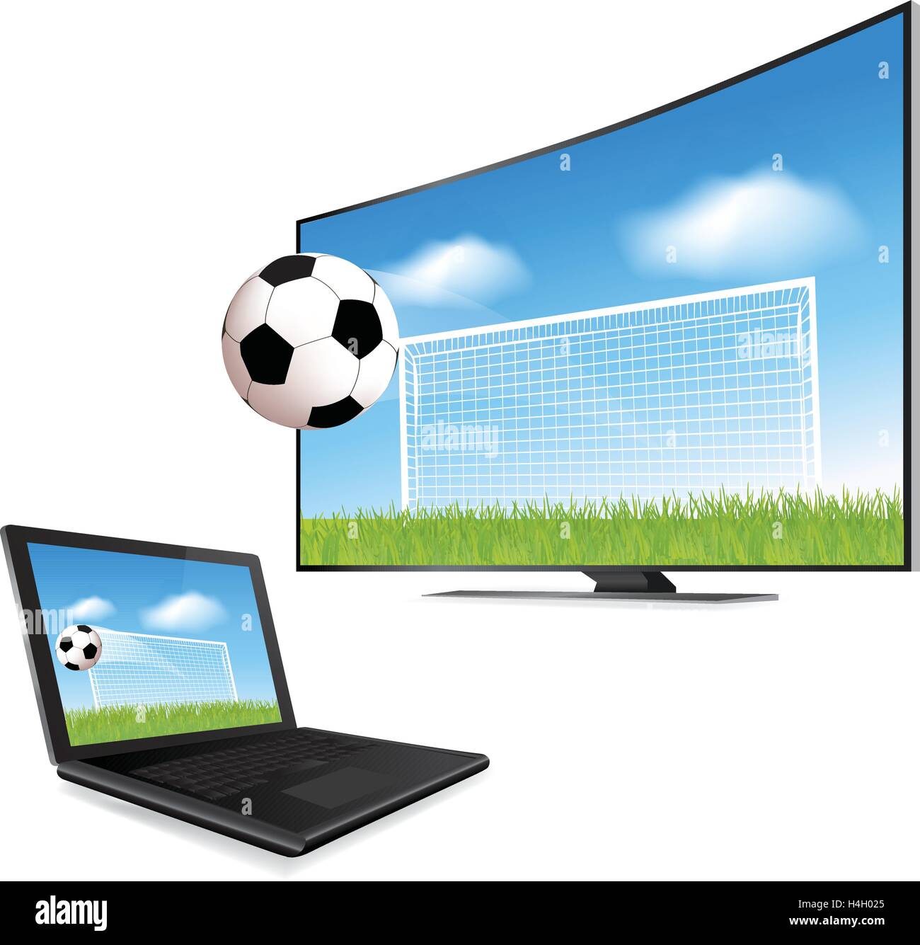 Fußball in Bewegung von Smart Tv Bildschirm fliegen Stock Vektor