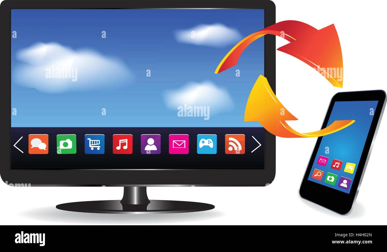 Smart TV und SmartPhone mit einem blauen Hintergrund und bunte apps auf einem Bildschirm. Isoliert auf einem weißen. 3D Bild Stock Vektor