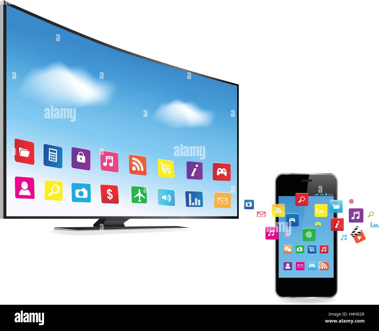 Anwendung, die sich aus Smartphone und Smart TV auf weißem Hintergrund Stock Vektor