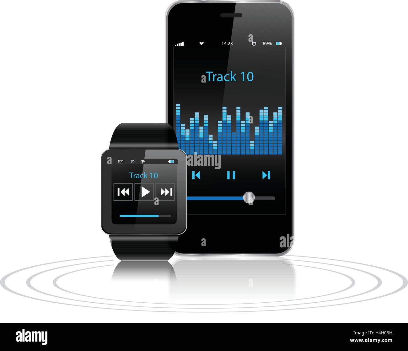 Black Touchscreen Smartwatch und Smart Phone mit Musik-app-Symbol auf dem Bildschirm Stock Vektor