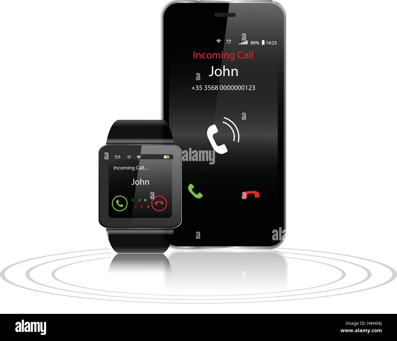 Black Touchscreen Smartwatch und Smartphone mit eingehenden Anruf auf dem display Stock Vektor