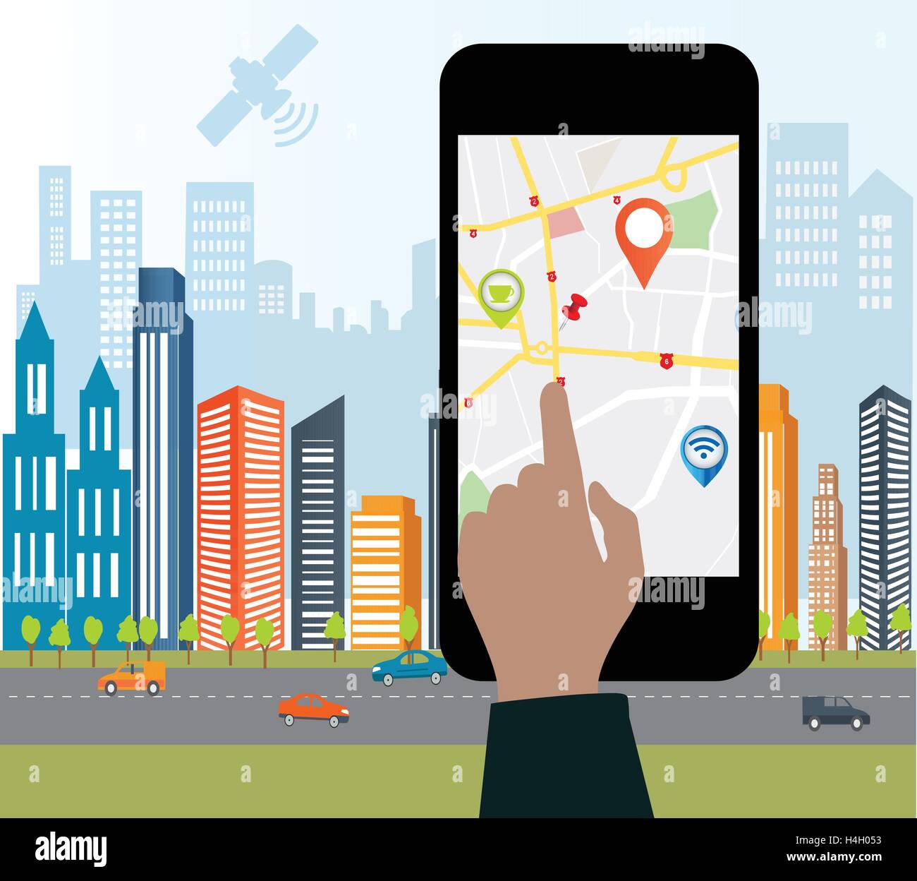 Smartphone-app und Gps Navigationskonzept. Smartphone-Navigation mit Roag Zeichen auf dem Bildschirm. Smart-City-design Stock Vektor