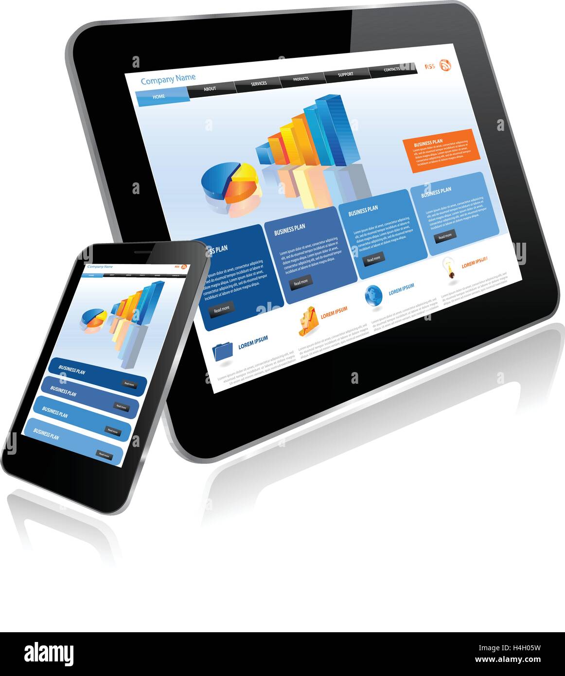 Tablet und Smartphone.Responsive Website-Templates auf mehreren Geräten Stock Vektor