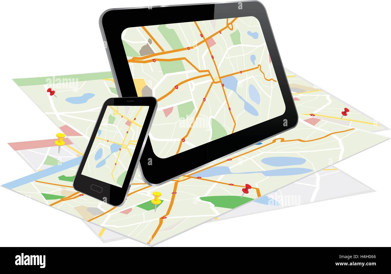 Tablet-PC und Smartphone mit Navigationssystem und ein Papier mit Karten Stock Vektor
