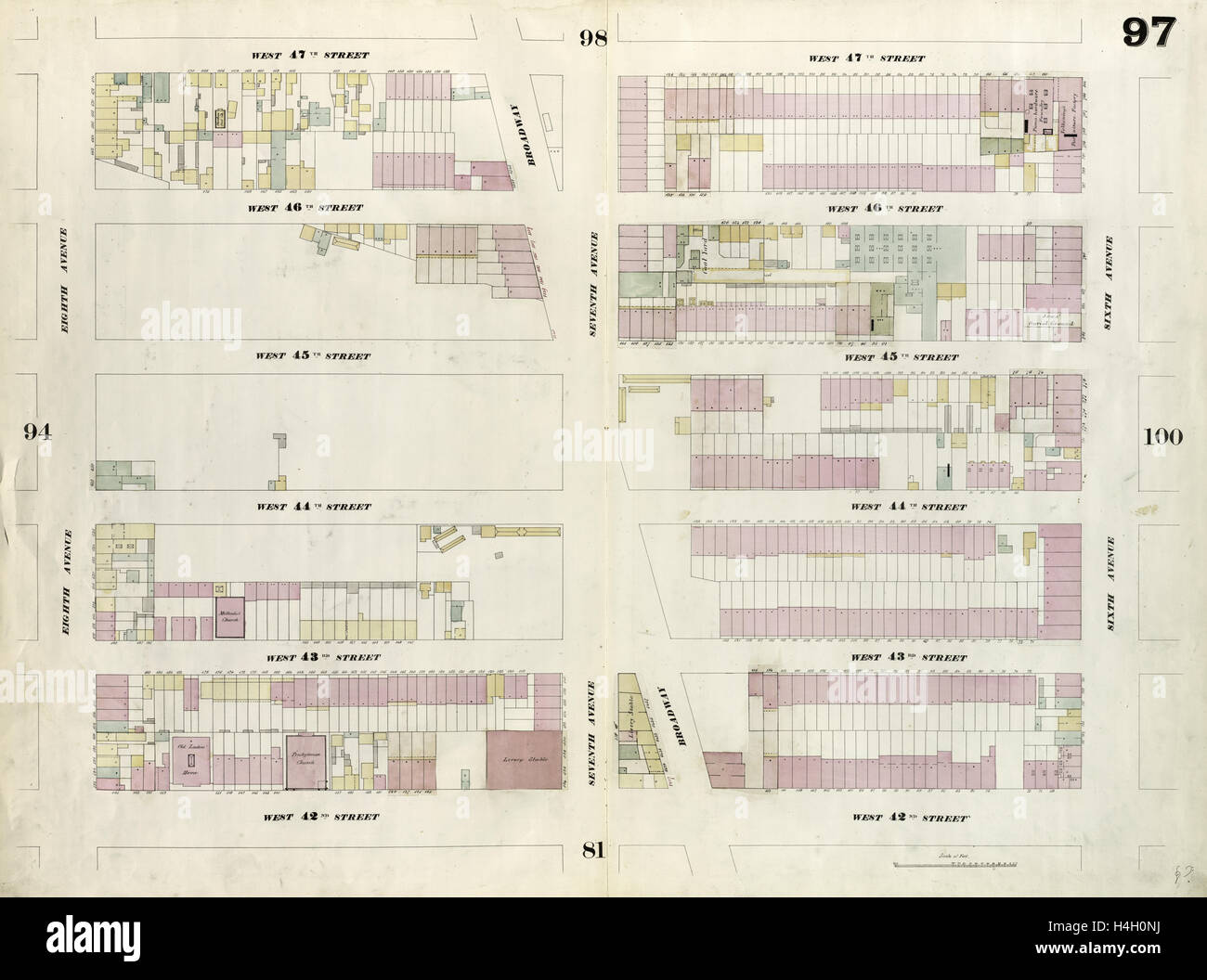 Platte 97: Karte von Eighth Avenue, sechste Avenue, West 47th Street und West 42nd Street begrenzt. 1857, 1862, Perris und Browne Stockfoto