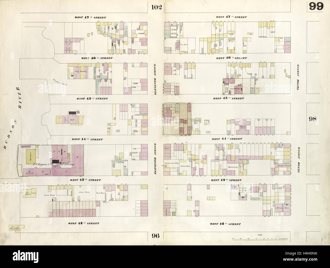 Platte 99: Karte von West 47th Street, zehnten Avenue West 42nd Street, Hudson River begrenzt. 1857, 1862, Perris und Browne, New York Stockfoto
