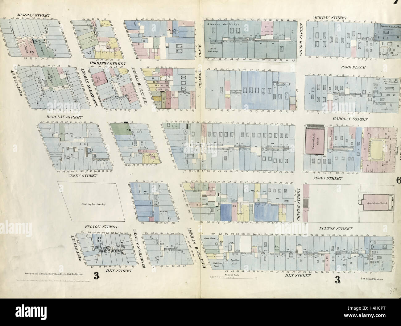 Tafel 7: Karte von Murray Street, Broadway, Dey Street, West Street begrenzt. 1857, 1862, Perris und Browne, New York, USA Stockfoto