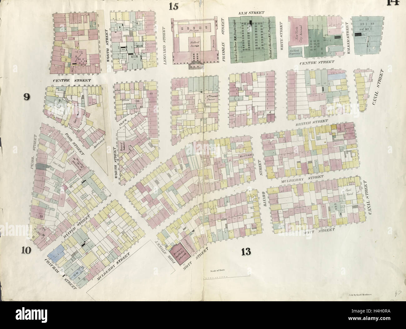 Tafel 14: Karte von Canal Street, Mott Street, Cross Street, Mulberry Street, Chatham Street, Pearl Street, Elm Street begrenzt. Stockfoto