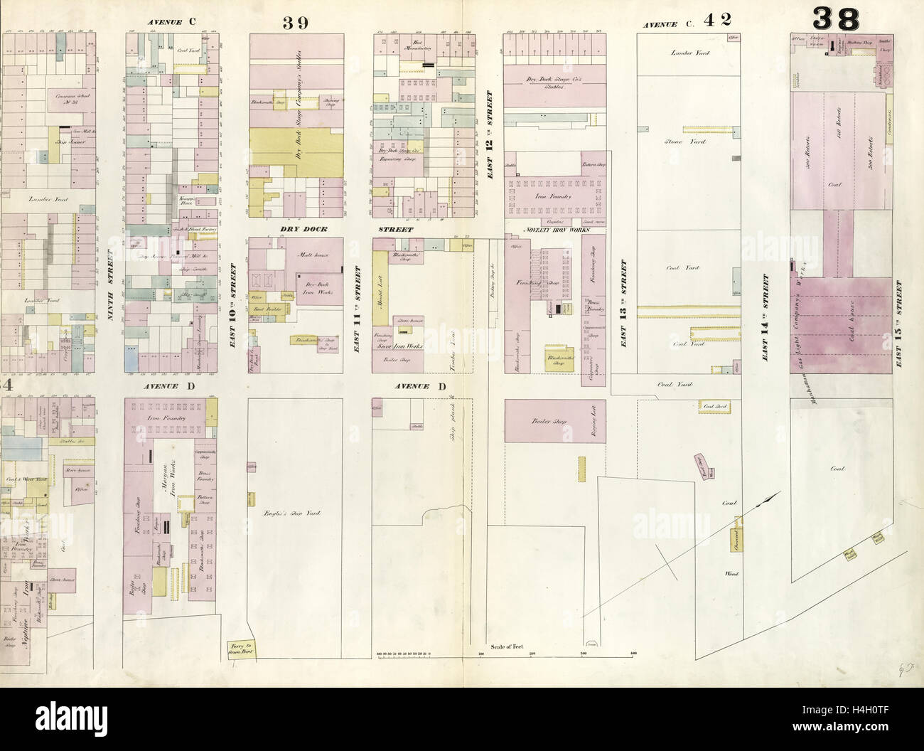 Platte 38: Karte von Osten 15. Street, East River, 8th Street, Avenue C. 1857, 1862, begrenzt Perris und Browne, New York, USA Stockfoto