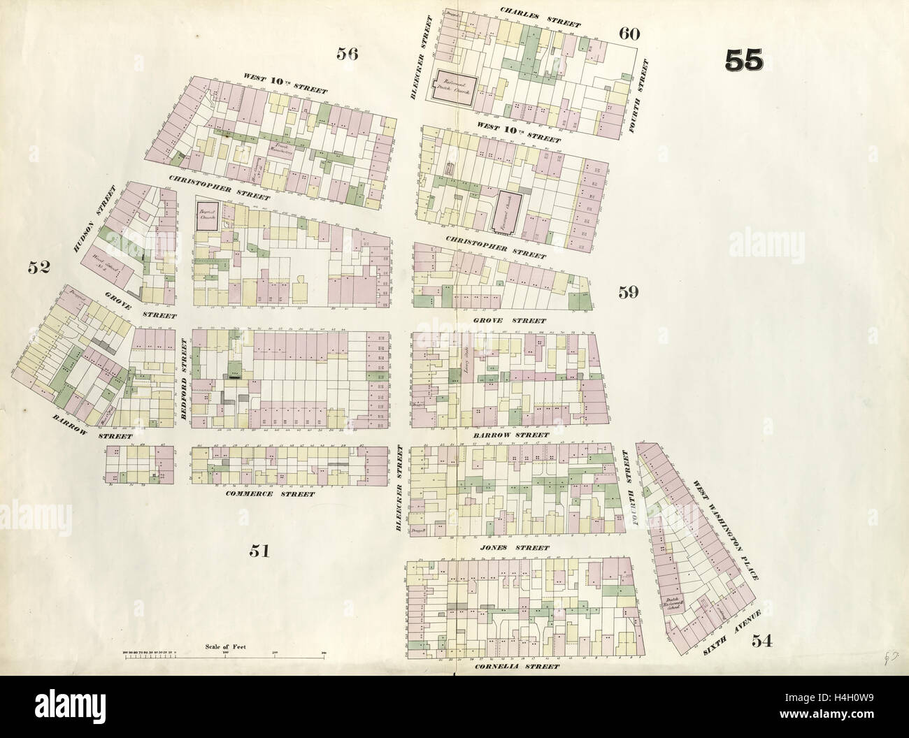 Tafel 55: Karte von Charles Street, 4th Street, West Washington Place, Sixth Avenue, Cornelia Street, Bleeker Street begrenzt Stockfoto