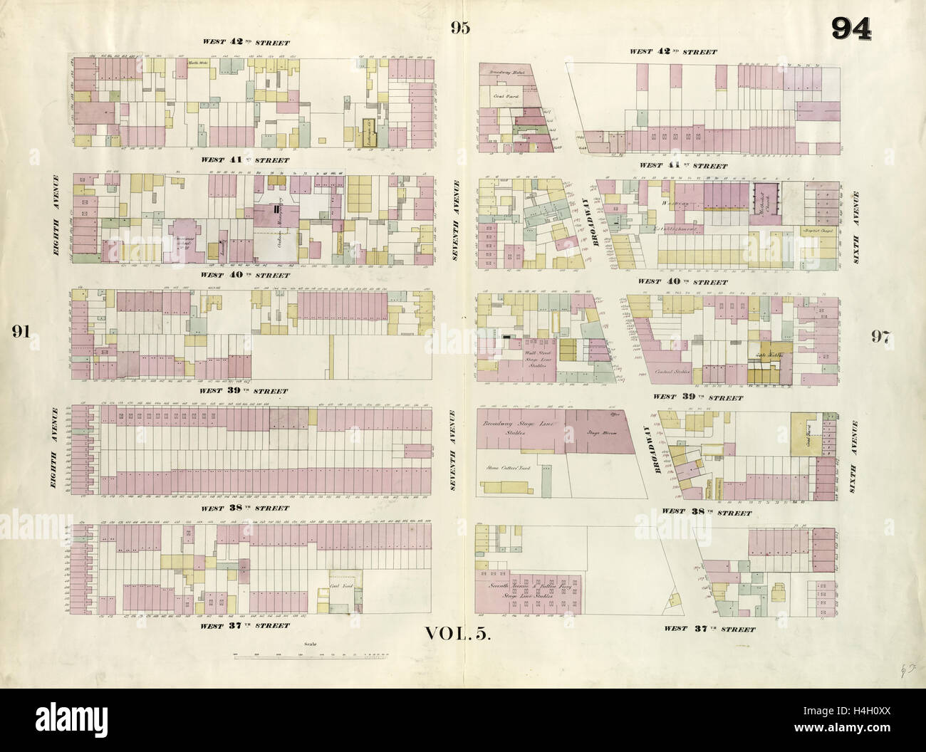 Platte 94: Karte von West 42nd Street, sechste Avenue, Eighth Avenue West 37th Street begrenzt. 1857, 1862, Perris und Browne Stockfoto