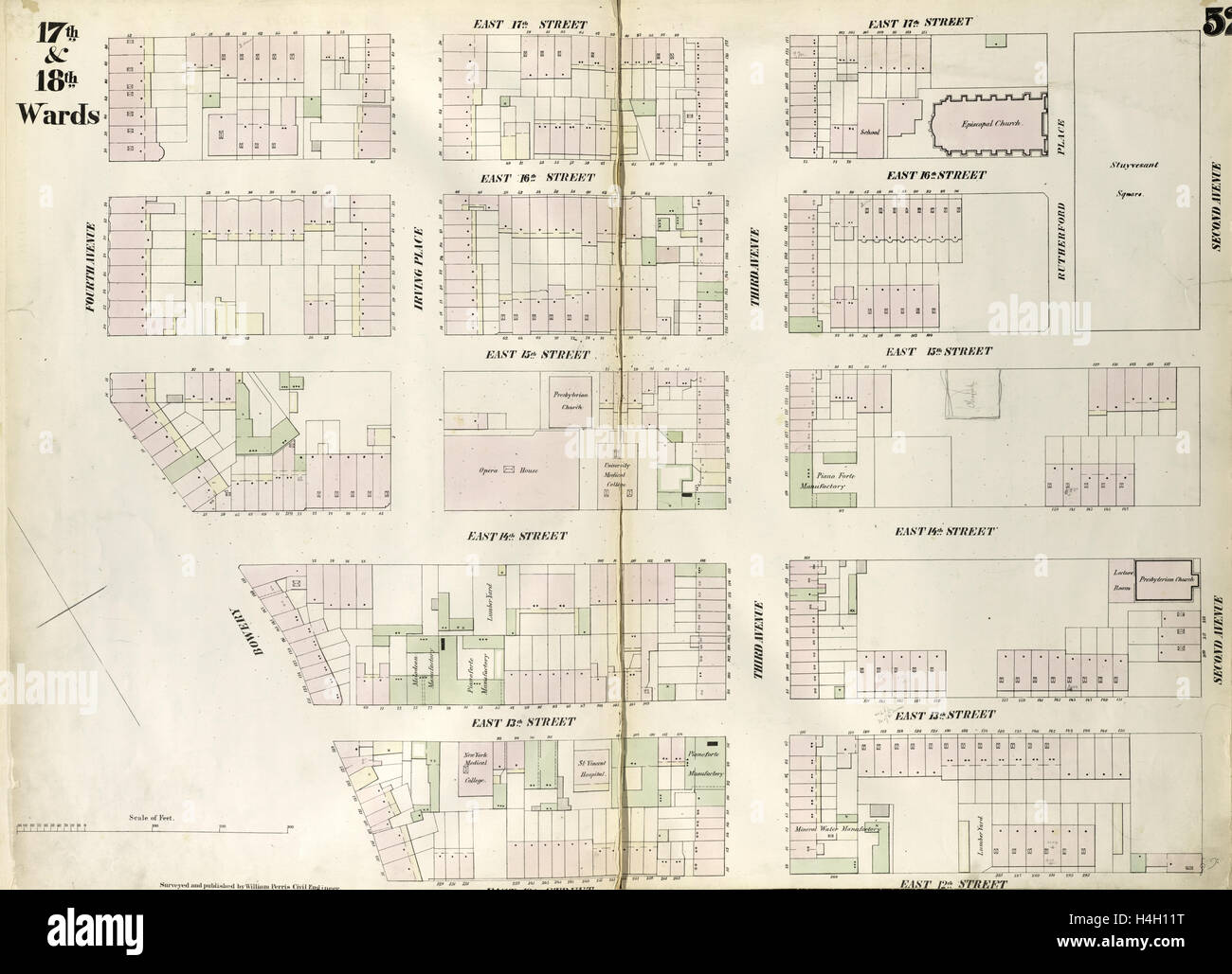 Platte 52: Karte von East 17th Street, Second Avenue, East 12th Street, Bowery, Fourth Avenue begrenzt. 1852, 1854, William Perris Stockfoto