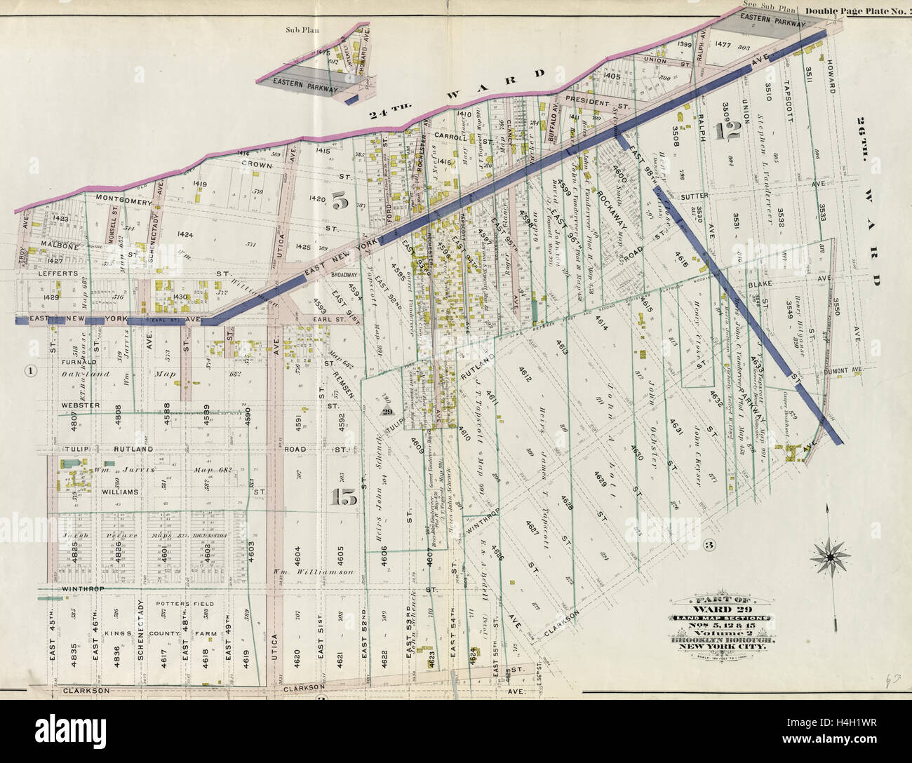 Ein Teil der Gemeinde 29. Land Kartenausschnitte, Nr. 5, 12 & 15. Band 2, Brooklyn Borough, New York City. Stockfoto