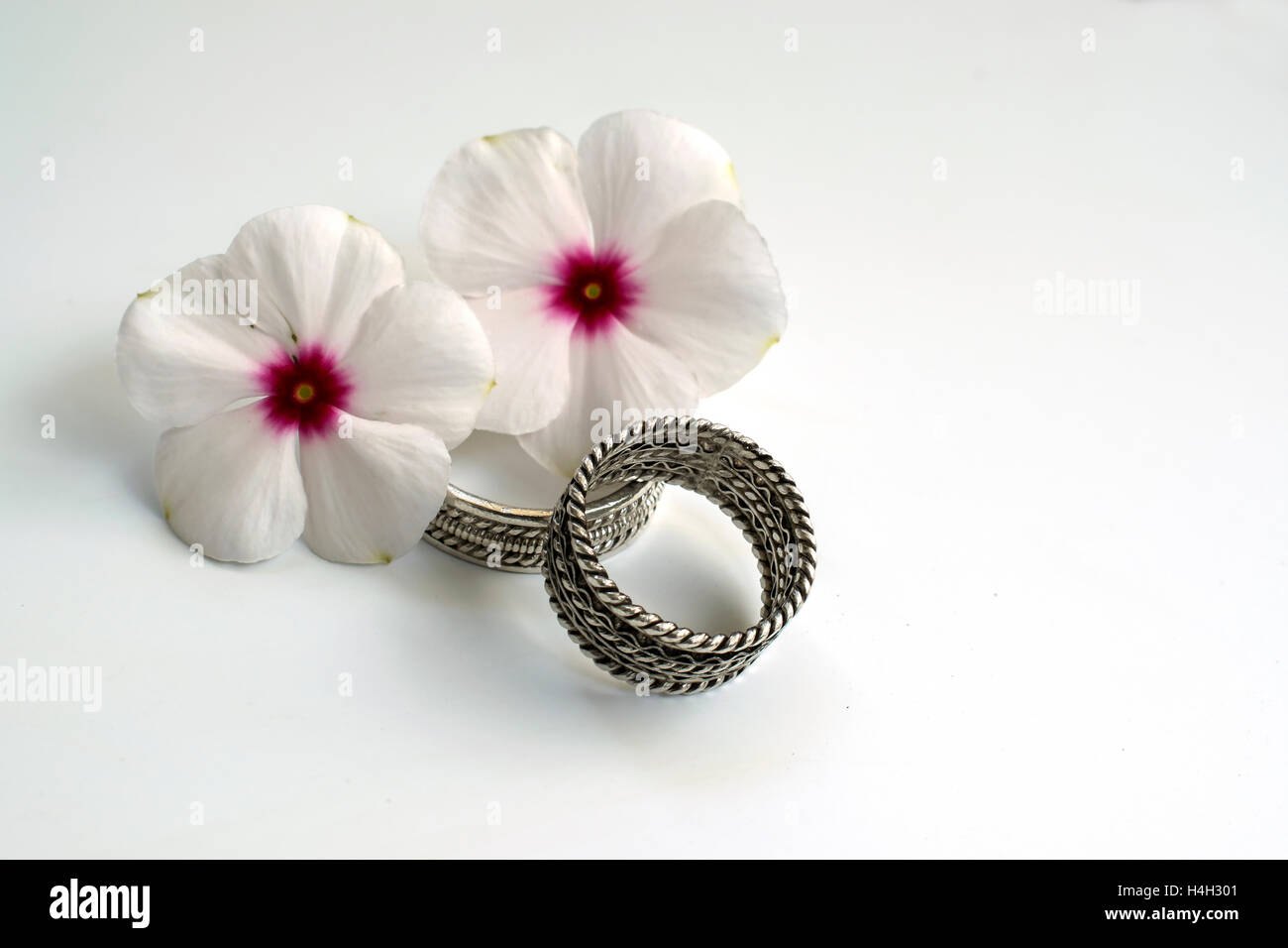 Zwei Eheringe und zwei Blumen, die die Jugendlichkeit und Schönheit eines jungen Ehepaares symbolisieren. Stockfoto