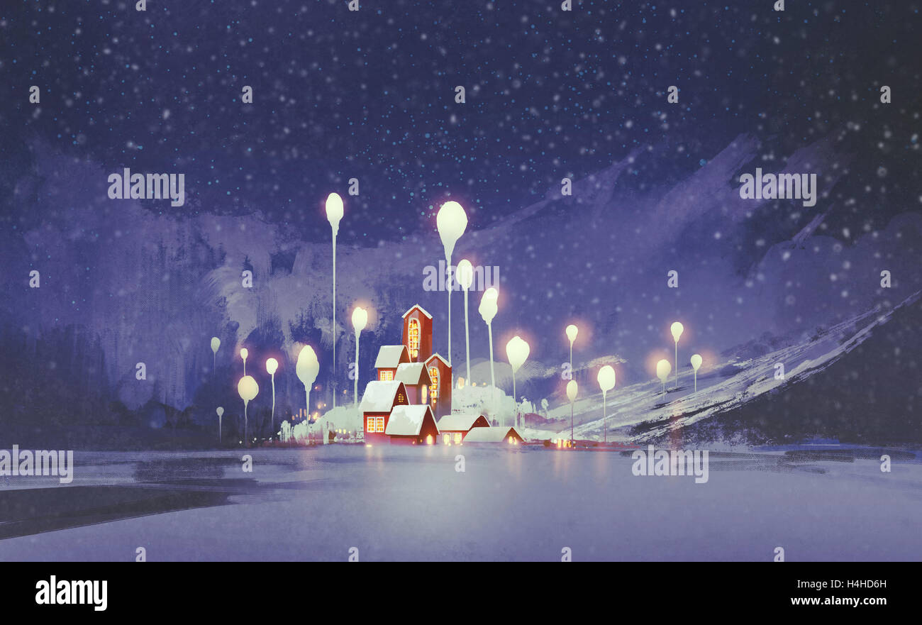 Winterlandschaft mit Dorf und Fantasie Bäume in der Nacht, Illustration, Malerei Stockfoto