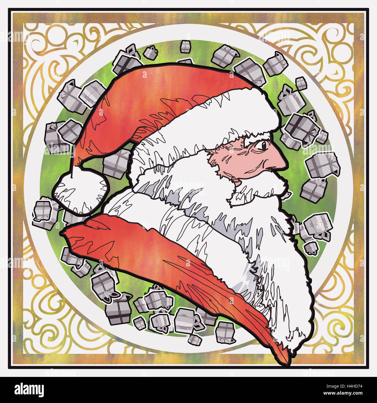 Seitenansicht des Weihnachtsmannes mit grafischen Muster Hintergrund, Illustration, Malerei Stockfoto