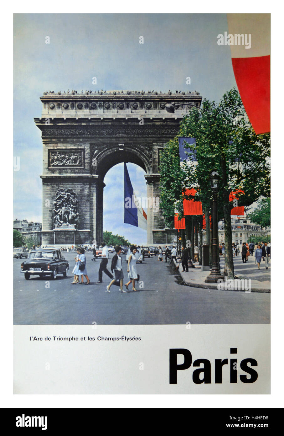 Vintage Retro-Reise-Plakat von Paris mit Arc de Triomphe und Champs Elysee Frankreich Stockfoto