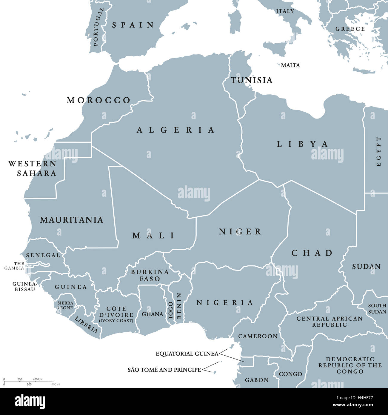 Westafrika Länder politische Karte mit nationalen Grenzen. Englischen Ländernamen. Abbildung. Graue Abbildung. Stockfoto