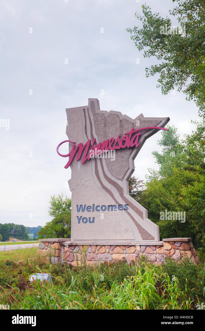 Minnesota begrüßt Sie bei der Anmeldung bei er Staatsgrenze Stockfoto