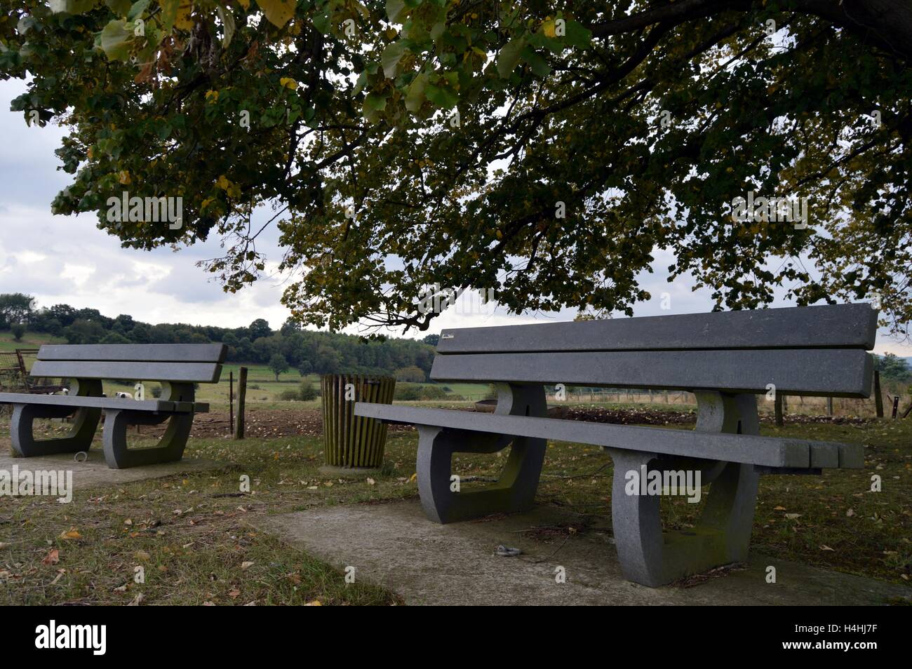 Zwei steinerne Bänke in der Kampagne mit einem hölzernen Papierkorb können. Stockfoto