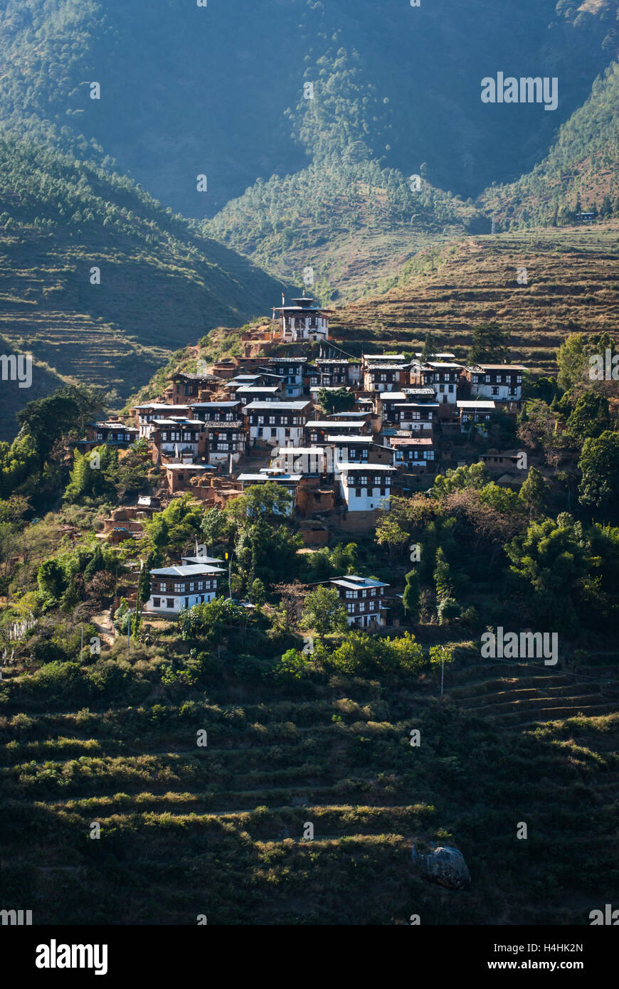 Traditionelle Dorf von Rinchengang auf einem terrassierten Hügel mit Paddy Felder gegenüberliegenden Wangdue Phodrang (Wangdi), Bhutan Stockfoto