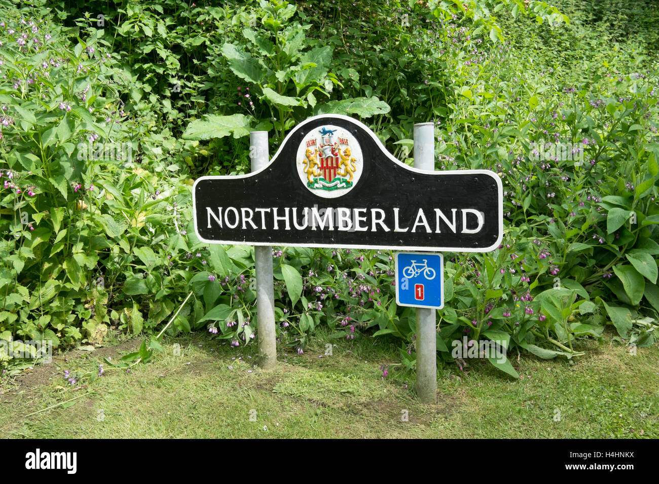 Am Straßenrand Northumberland county Grenze Schild mit Wappen der Grafschaft vor schwarzem Hintergrund Stockfoto