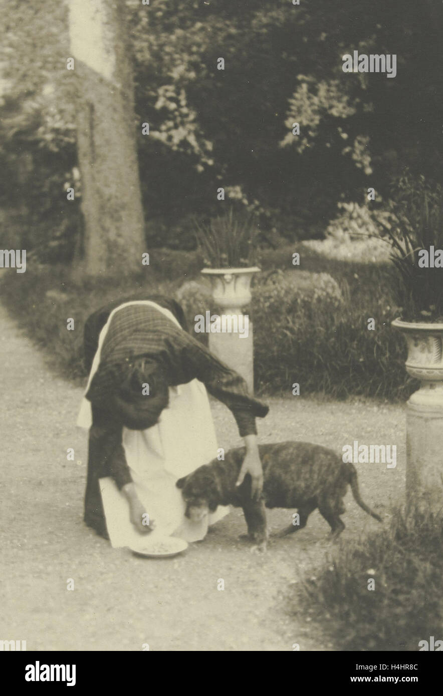 Frau mit einem Hund in einem Garten, Anonymous, 1905 Stockfoto