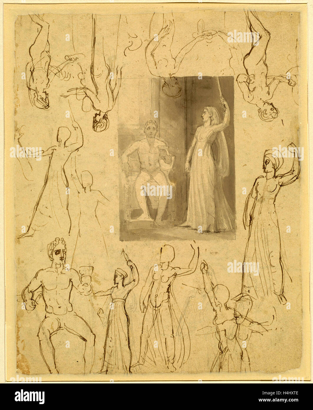 Thomas Stothard, Design für eine Buchillustration und damit verbundene Studien [Recto], Britisch, 1755-1834, Stift und Tinte grau und braun Stockfoto