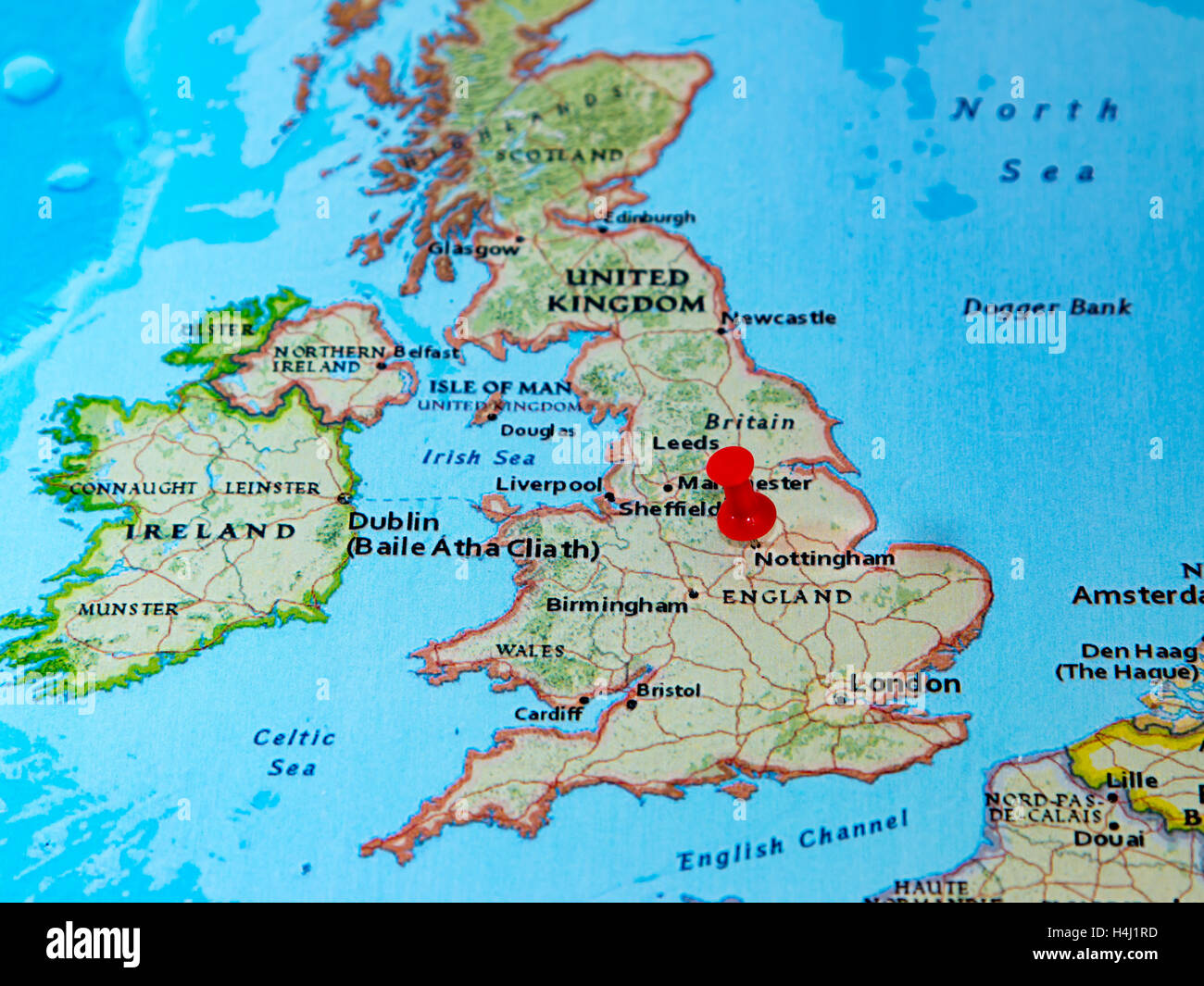 Nottingham, Großbritannien  fixiert auf einer Karte von Europa. Stockfoto