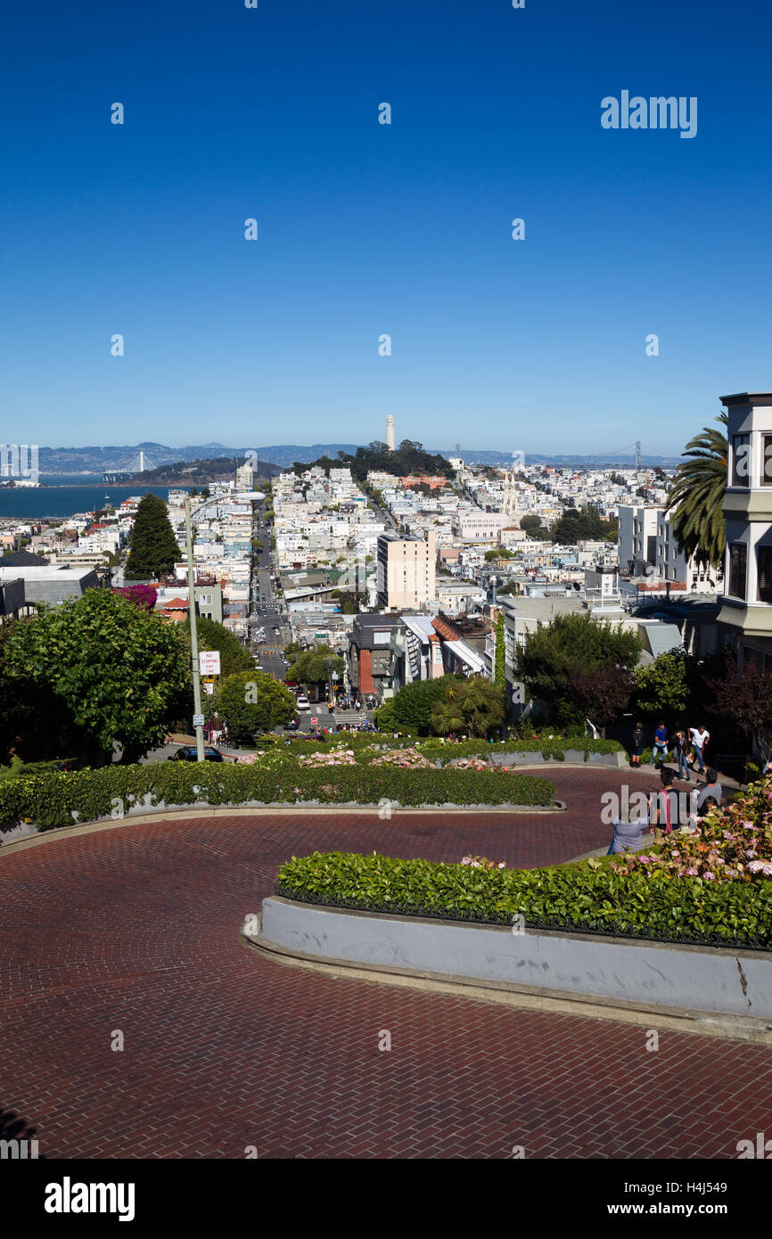 Blick vom Lombard Street auf Downtownn San Francisco, Kalifornien, USA. Stockfoto