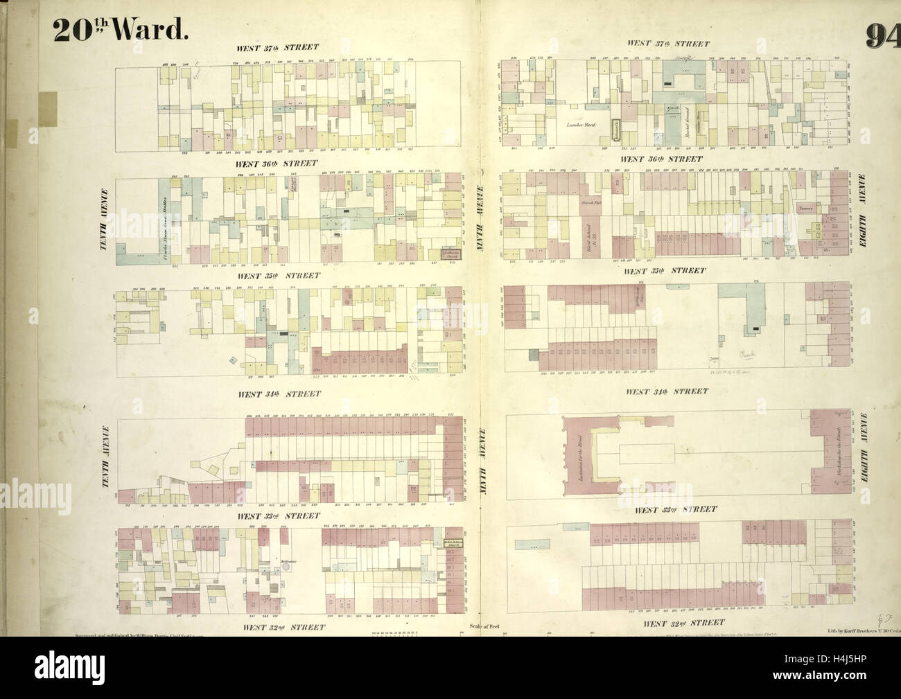 Platte 94: Karte begrenzt durch West 37th Street, achte Avenue, West 32nd Street, Tenth Avenue, New York, USA Stockfoto