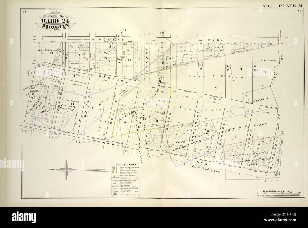 Bd. 1. Platte, M. Karte von Roges Ave., City Line, Franklin Ave., Park PL gebunden; Einschließlich der Bedford Avenue, Butler St., Douglass St. Stockfoto