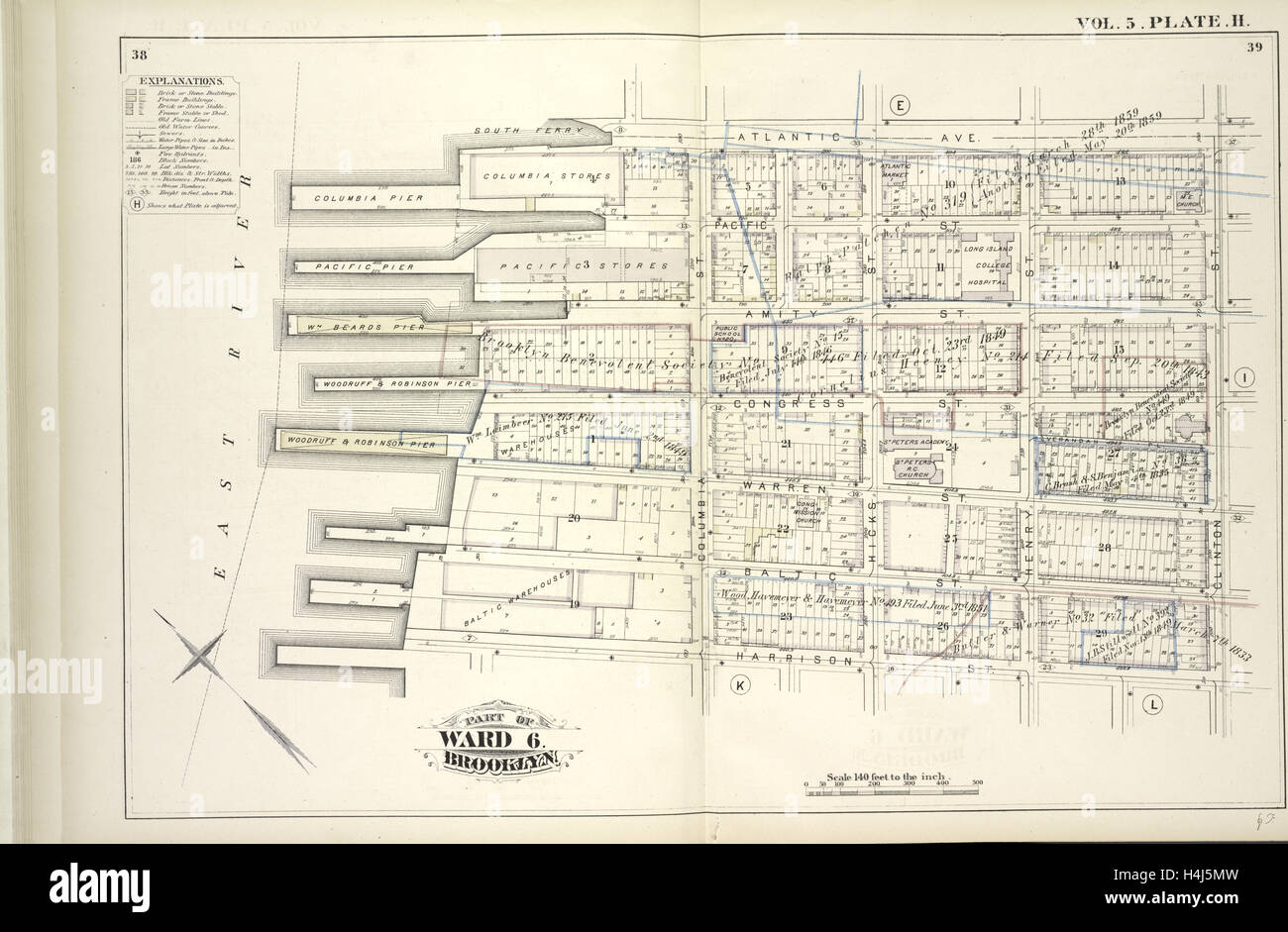 Bd. 5. Platte, H. Karte von Atlantic Ave., Clinton St., Harrison St., East River gebunden; Einschließlich der Pacific St., Amity St. Stockfoto