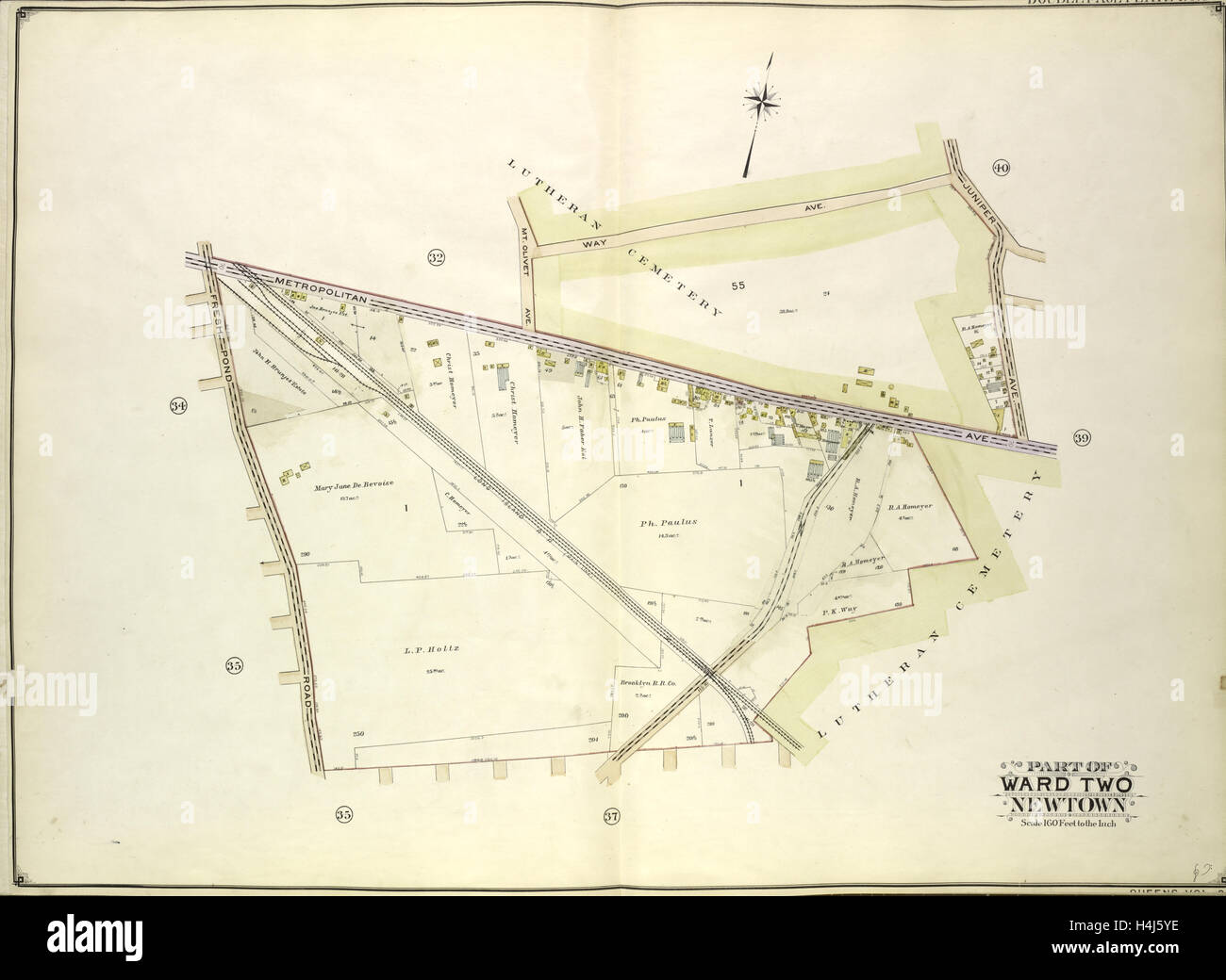 Queens, Bd. 2, doppelte Seite Platte Nr. 38; Teil der Gemeinde zwei Newtown; Karte von Mount Olivet Ave., Weg Ave., Juniper Ave begrenzt Stockfoto