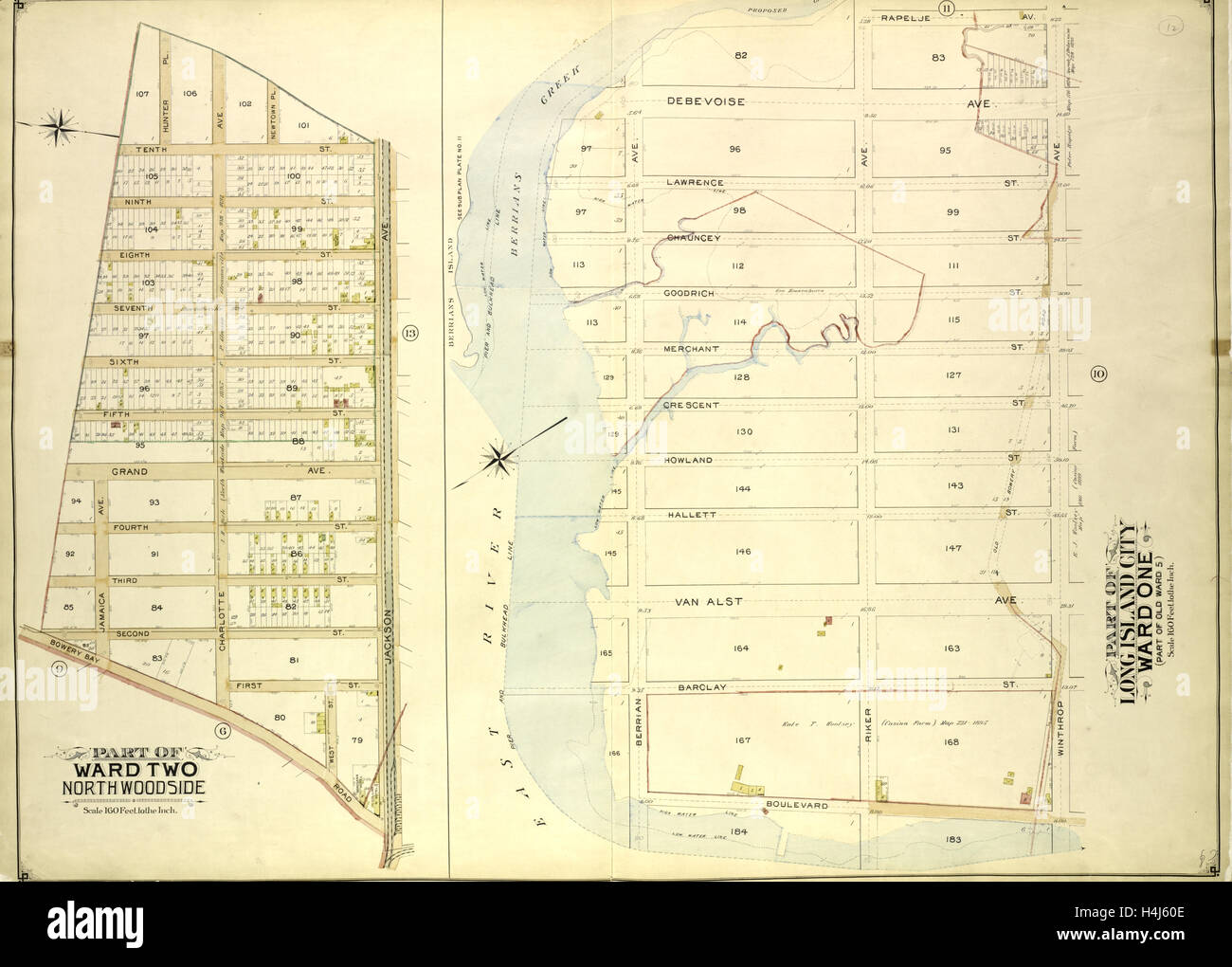 Queens, Bd. 2, doppelte Seite Platte Nr. 12; Teil der Gemeinde zwei Norden Holz Seite; Karte, begrenzt durch die Bowery Road, Jackson Ave. Stockfoto