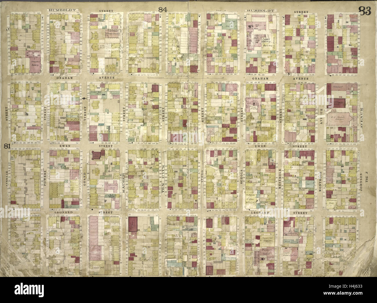 Brooklyn, Bd. 4, doppelte Seite Platte Nr. 83; Karte von Humboldt St., Johnson Ave., Graham Ave., Ewen St. Leonard St begrenzt. Stockfoto