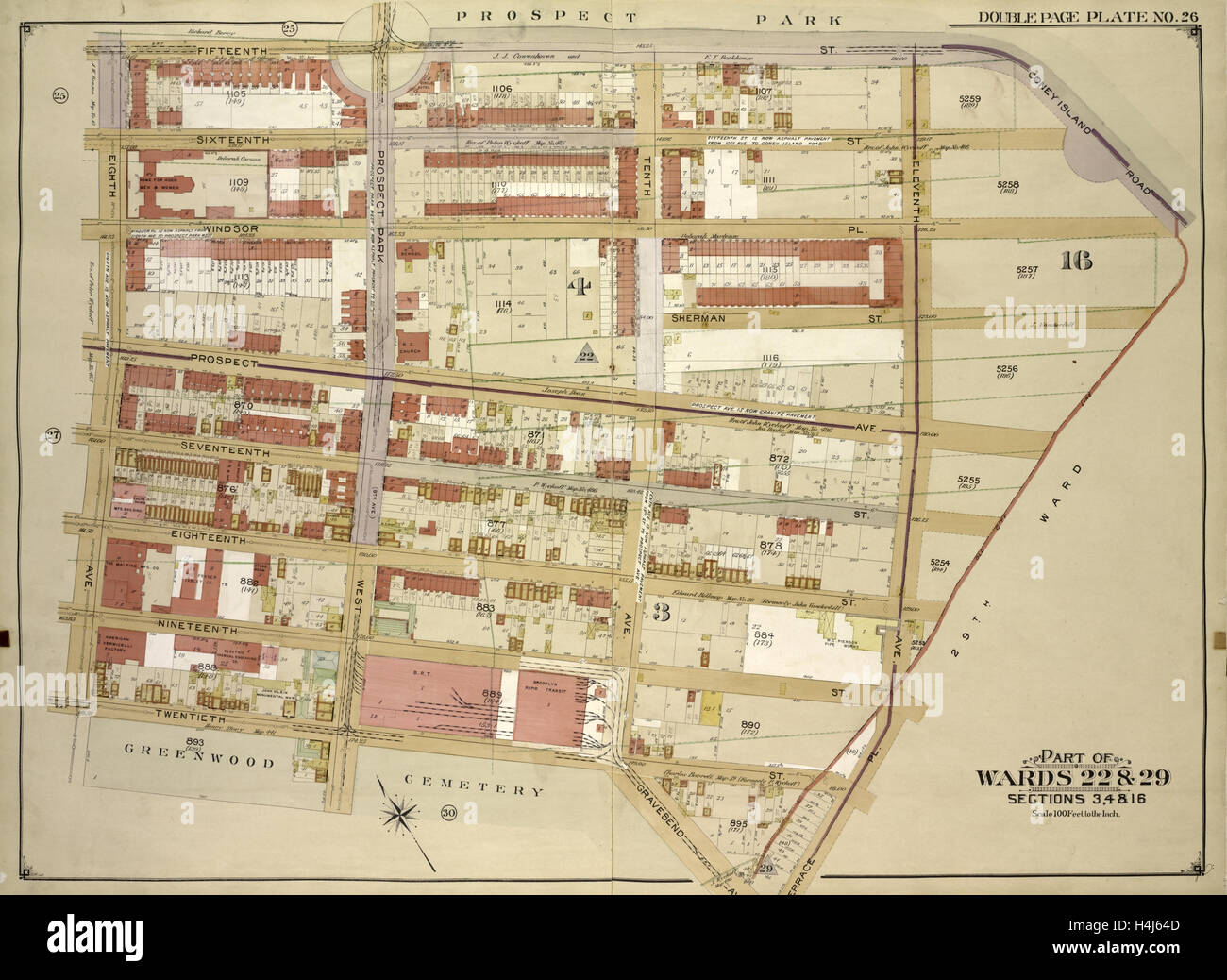 Brooklyn, Bd. 1, doppelte Seite Platte Nr. 26; Teil der Bezirke 22 & 29, Abschnitte 3, 4 & 16; Karte von 15. St begrenzt. Stockfoto