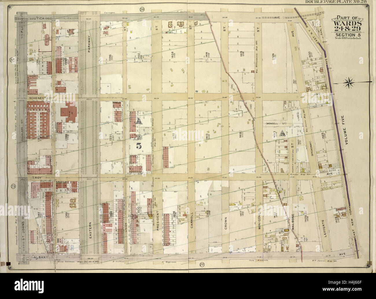 Brooklyn, Bd. 2, doppelte Seite Platte Nr. 28; Teil der Stationen 24 & 29, Abschnitt 5; Karte von Utica Avenue, East New York Avenue begrenzt Stockfoto